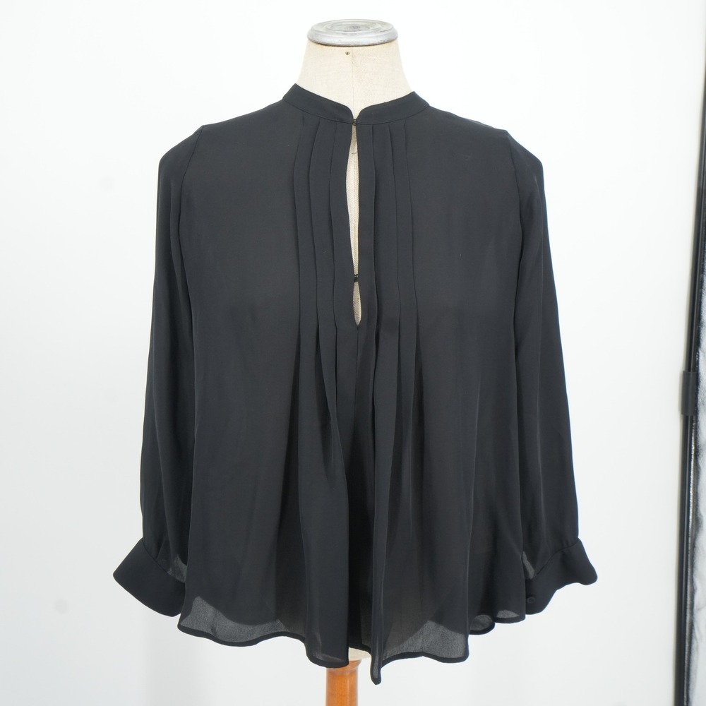 L'AGENCE Blouse Womens 2 Black Silk Pleated Keyhole Sheer Long Sleeve‎ Top